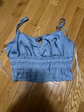 Light Blue Satin Smocked Crop Cami with Tie Straps